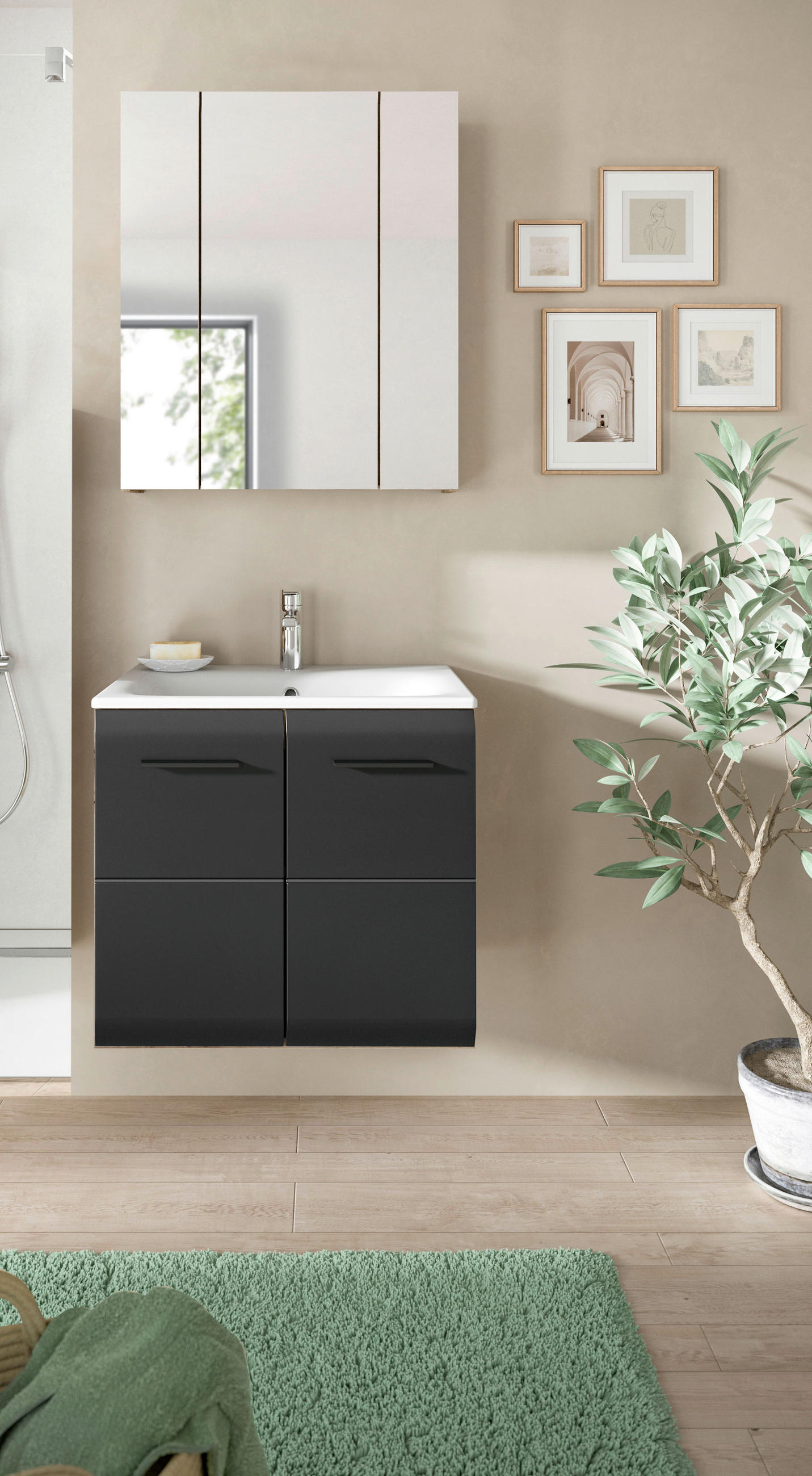 BADEZIMMER 2-teilig  in 60 cm  - Eiche dunkel/Schwarz, Basics, Keramik/Holzwerkstoff (60cm) - MID.YOU