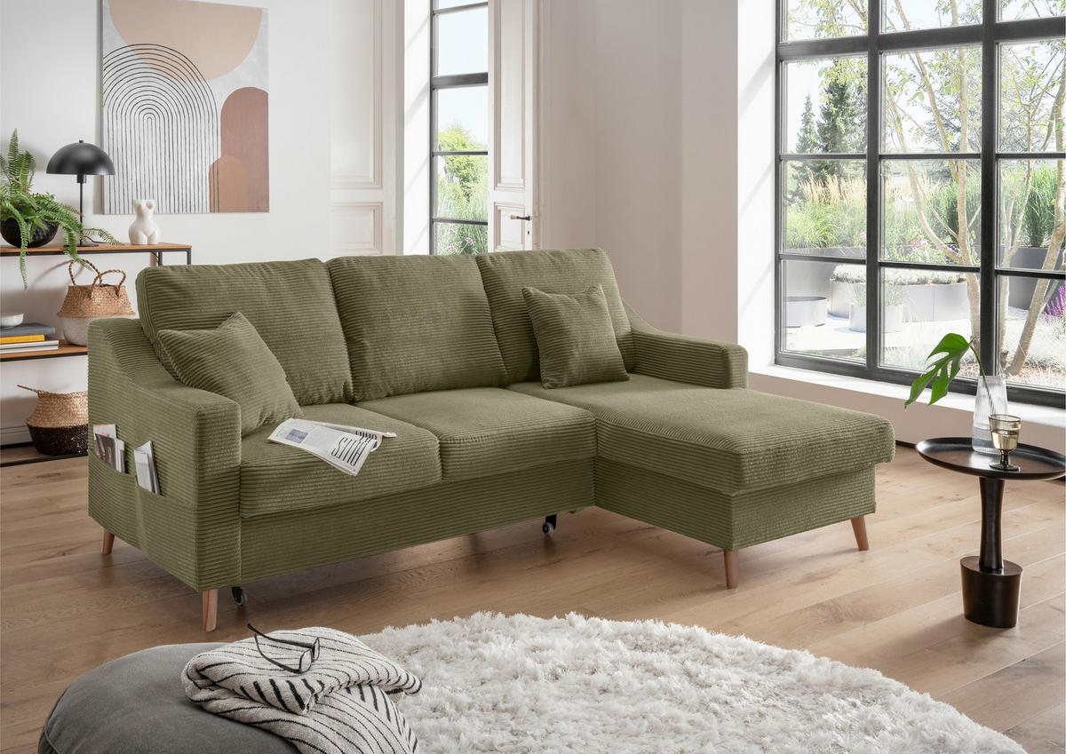 Ecksofa "VALENTINA" in Cord Olivgrün  - Naturfarben/Olivgrün, Design, Holz/Textil (228/150cm) - P & B