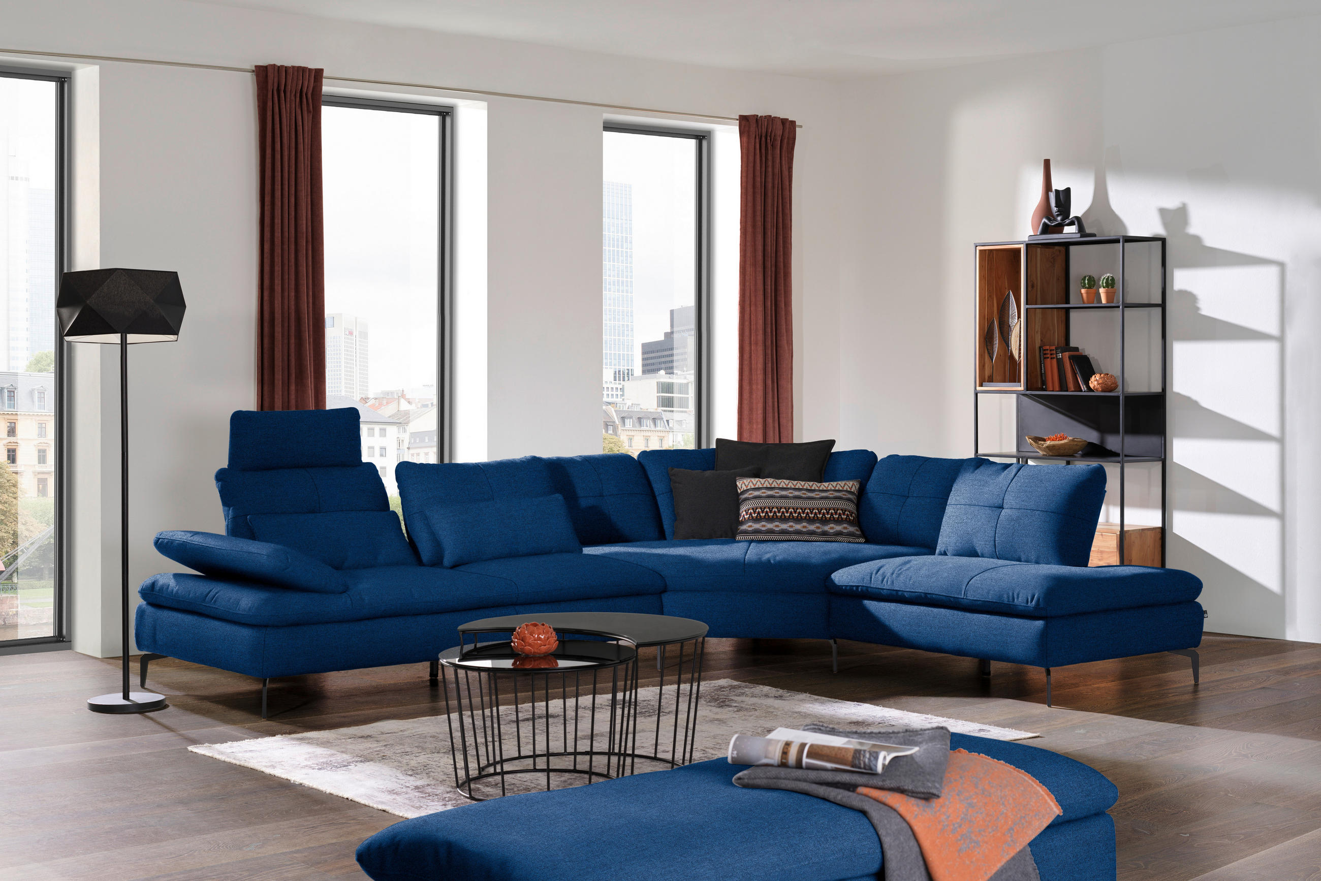 ECKSOFA in Flachgewebe Blau  - Blau/Schwarz, Design, Textil/Metall (344/271cm) - Chilliano