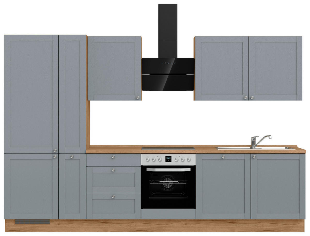 KÜCHENBLOCK Frame 330 cm  in Eichefarben, Blaugrau  - Edelstahlfarben/Eichefarben, MODERN, Holzwerkstoff/Metall (330cm) - Nobilia