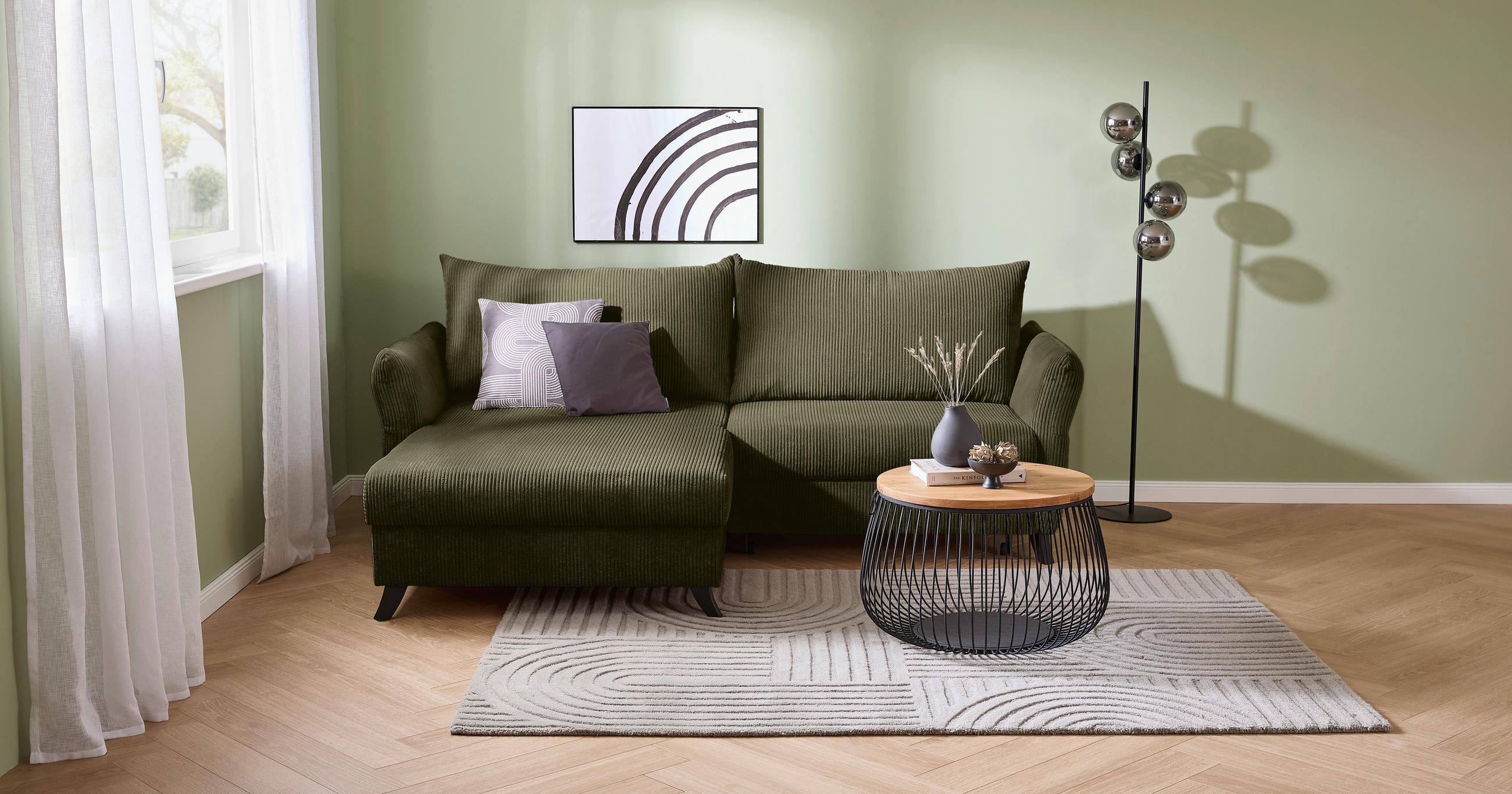 ECKSOFA in Cord Olivgrün  - Schwarz/Olivgrün, Romantik / Landhaus, Holz/Textil (245/159cm) - Stylife