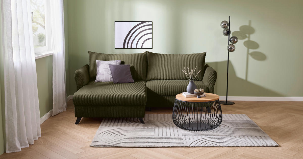ECKSOFA in Cord Olivgrün  - Schwarz/Olivgrün, Romantik / Landhaus, Holz/Textil (245/159cm) - Stylife