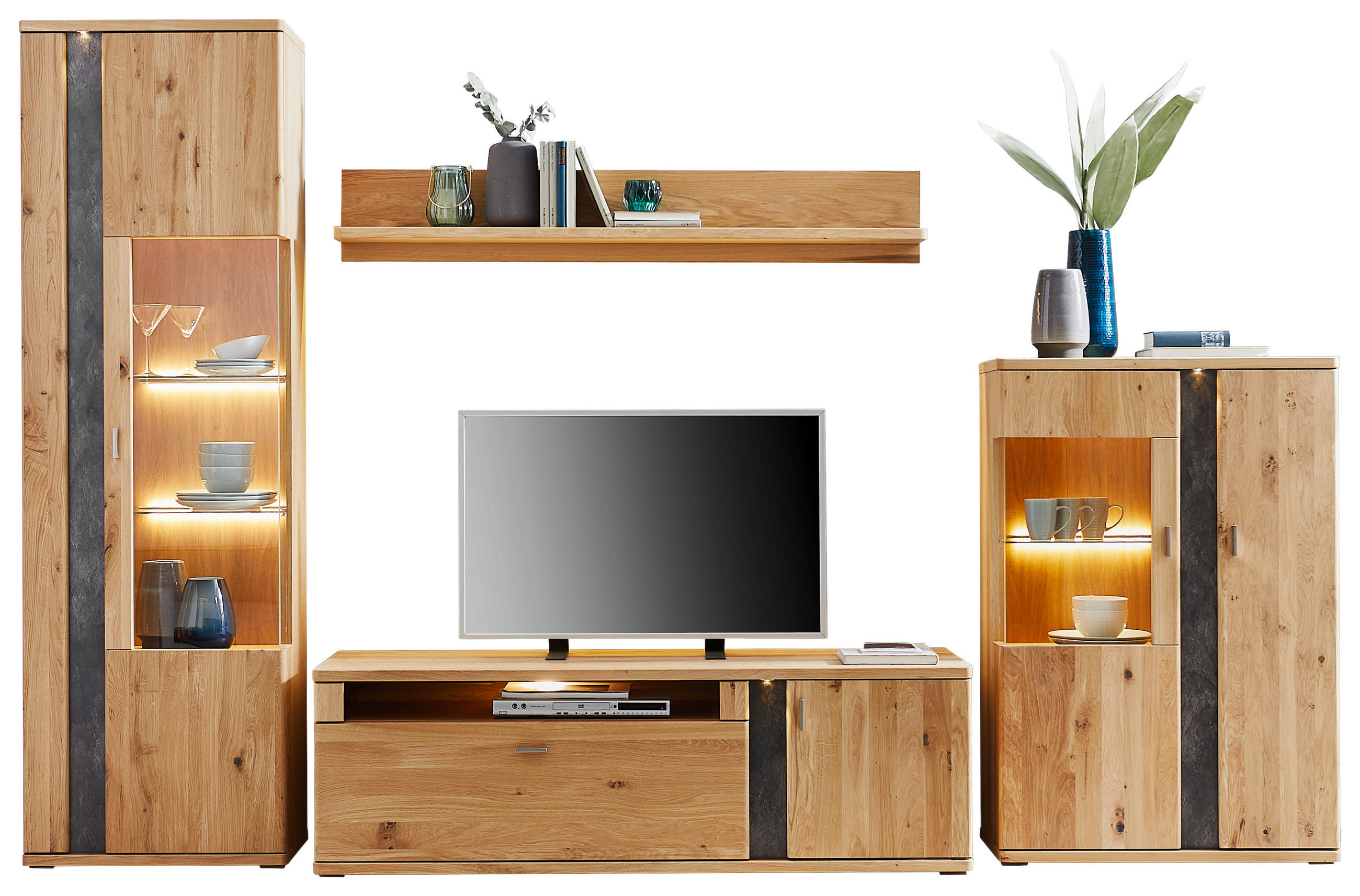 WOHNWAND Turego  in Eichefarben  327,4/208,6/50,2 cm  - Eichefarben/Silberfarben, KONVENTIONELL, Glas/Holz (327,4/208,6/50,2cm) - Voleo