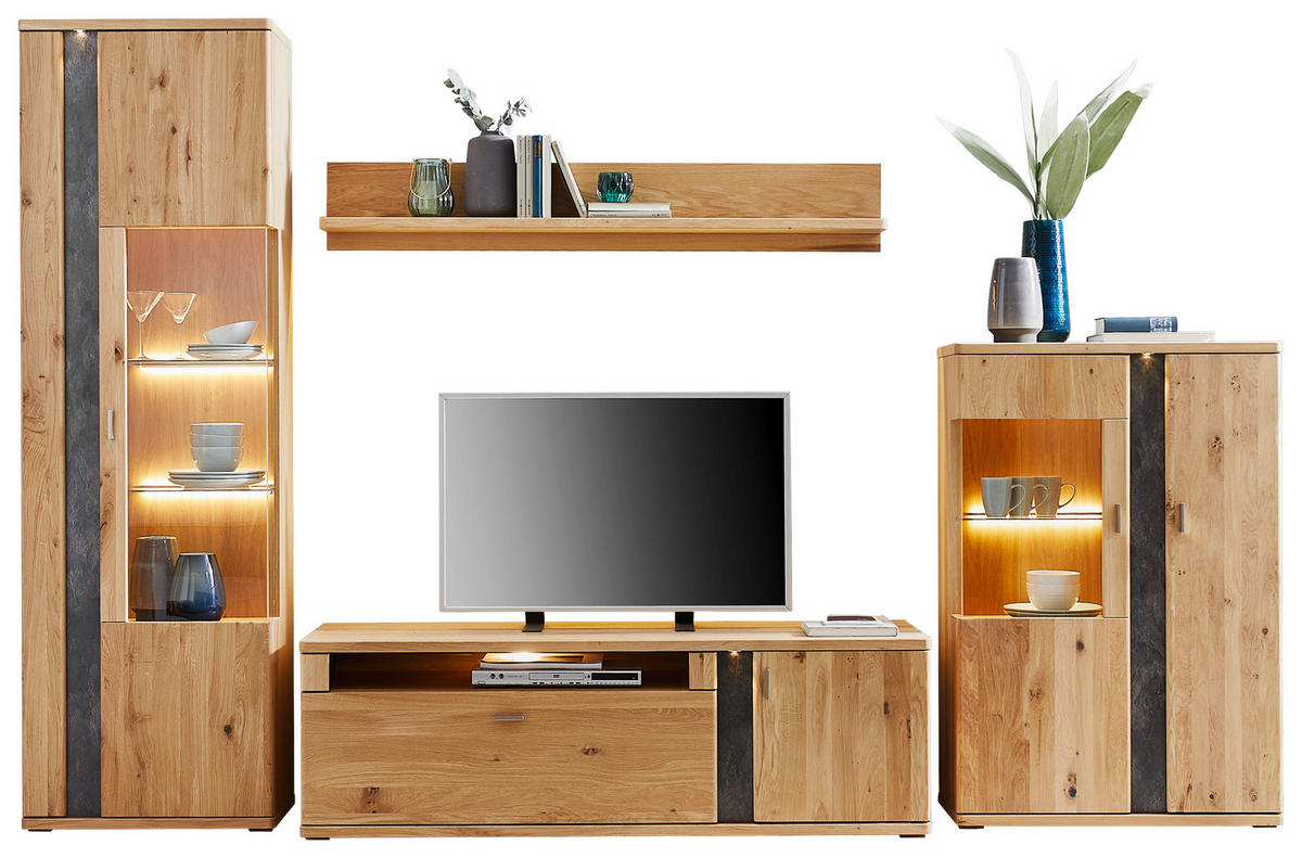 WOHNWAND Turego  in Eichefarben  327,4/208,6/50,2 cm  - Eichefarben/Silberfarben, KONVENTIONELL, Glas/Holz (327,4/208,6/50,2cm) - Voleo