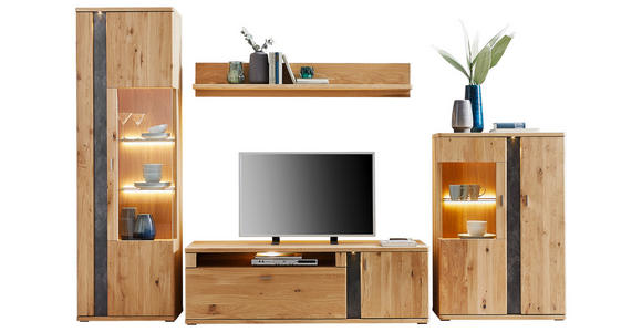 WOHNWAND  in Eichefarben  327,4/208,6/50,2 cm  - Eichefarben/Silberfarben, KONVENTIONELL, Glas/Holz (327,4/208,6/50,2cm) - Voleo