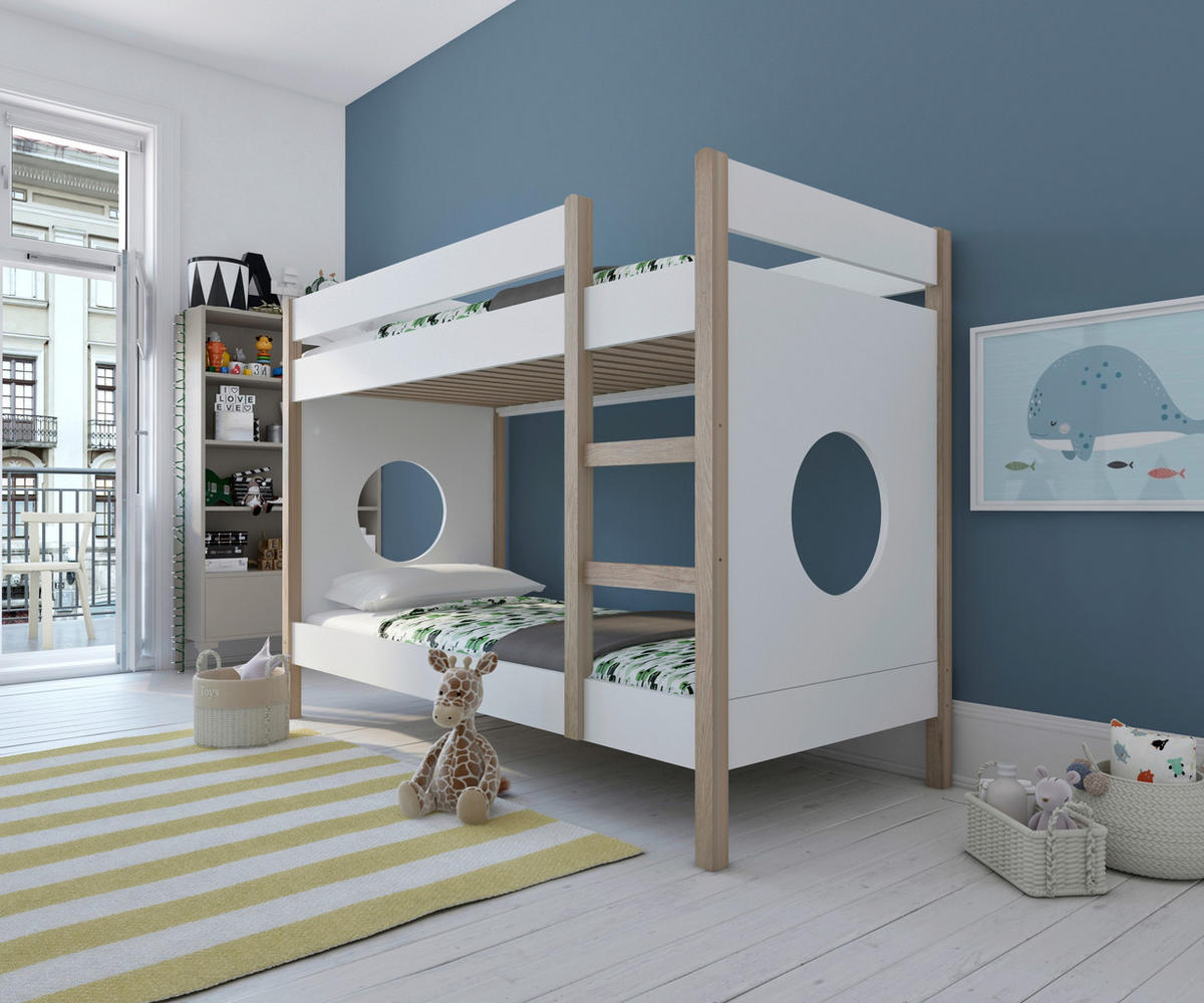 ETAGENBETT 90/200 cm,  in Naturfarben, Weiß, Leiter, Lattenrost  - Naturfarben/Weiß, Design, Holz/Holzwerkstoff (90/200cm) - Livetastic