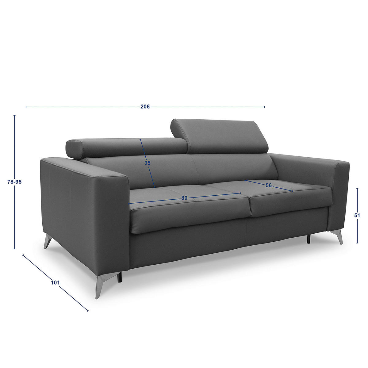 SCHLAFSOFA Schwarz Echtleder Lederlook  - Silberfarben/Schwarz, Design, Leder/Textil (206/95/101cm) - Livetastic