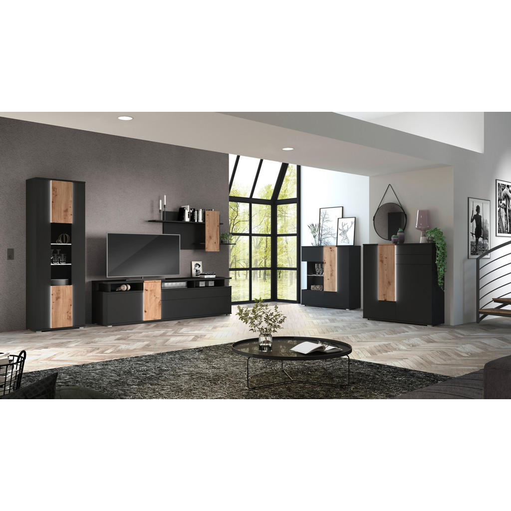 Thumbnail - Livetastic Vitrine, Schwarz, Eiche Artisan, Holzwerkstoff, 4 Fächer, 70x208x39 cm, Made in EU, Beleuchtung, Wohnzimmer, ...