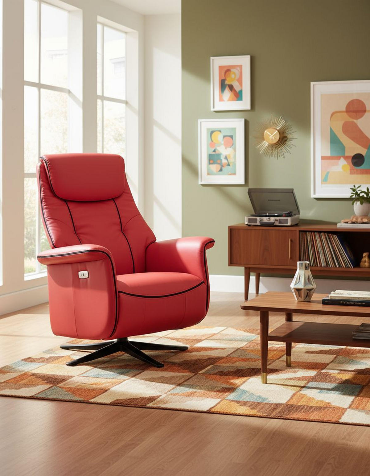 FERNSEHSESSEL  mit Lederlook, Webstoff Rot  - Rot/Schwarz, Design, Textil/Metall (83/113-76/85-163cm) - MID.YOU