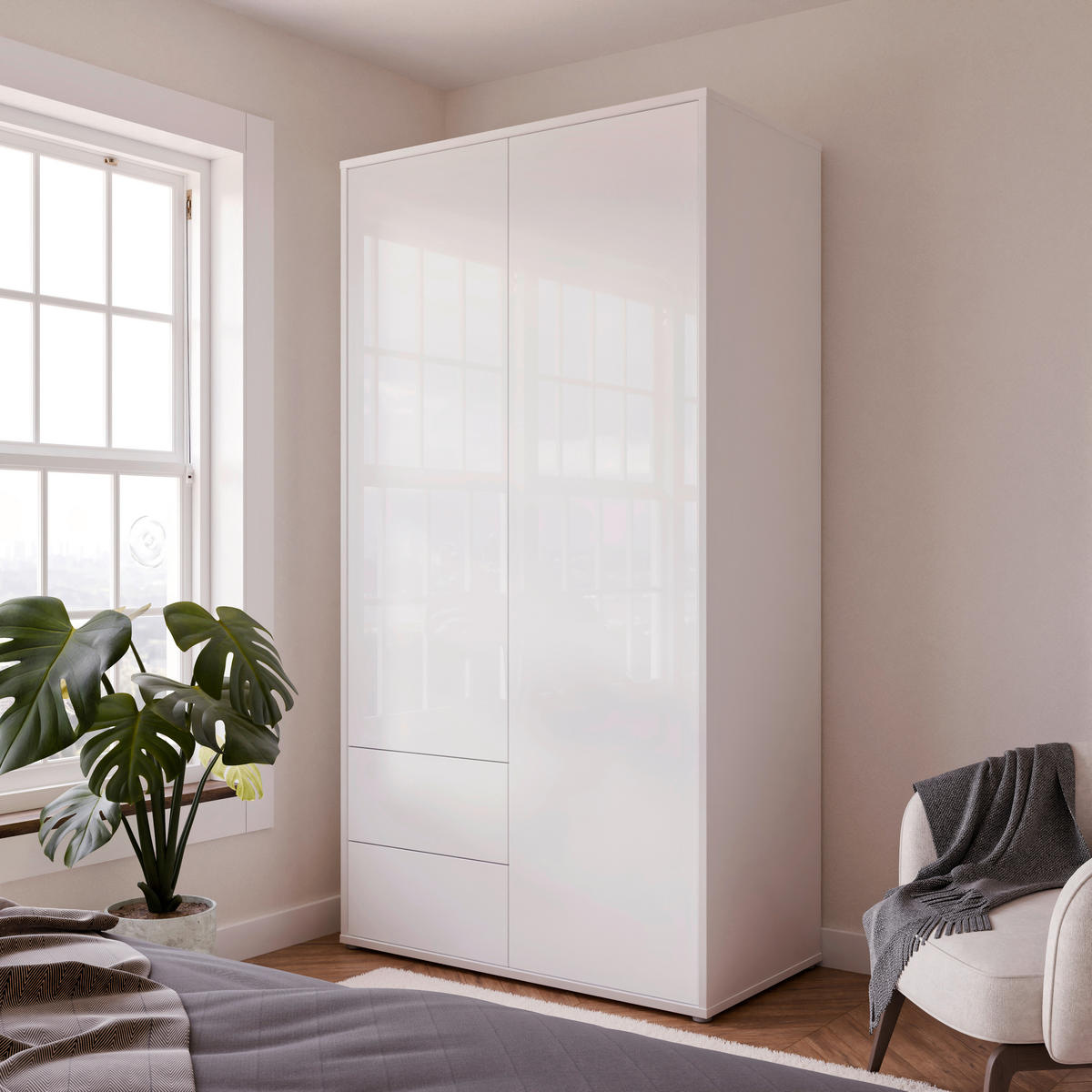 DREHTÜRENSCHRANK 115/214/60 cm,  in Weiß, Weiß Hochglanz, 2-türig  - Weiß Hochglanz/Weiß, Trend, Holzwerkstoff (115/214/60cm) - Carryhome