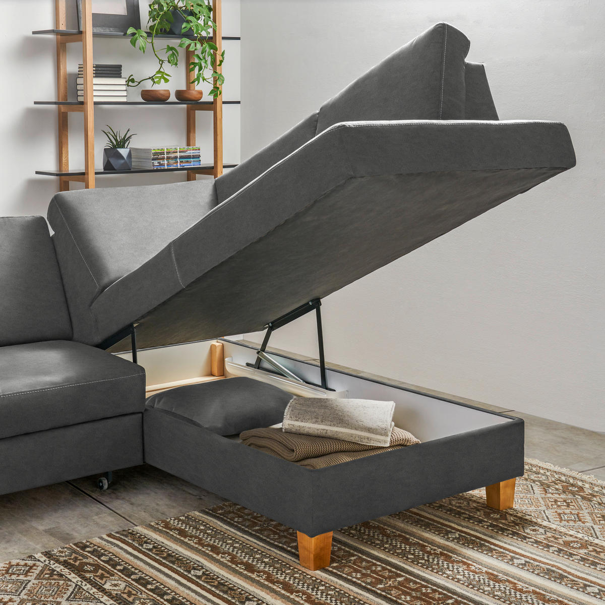 ECKSOFA in Flachgewebe Grau  - Eichefarben/Grau, Design, Holz/Textil (253/185cm) - Cantus
