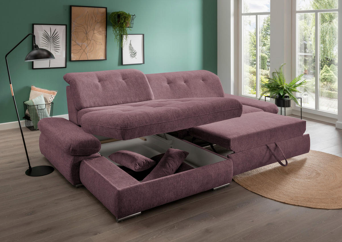 ECKSOFA Brombeere Chenille  - Chromfarben/Brombeere, Design, Textil/Metall (196/300cm) - Livetastic