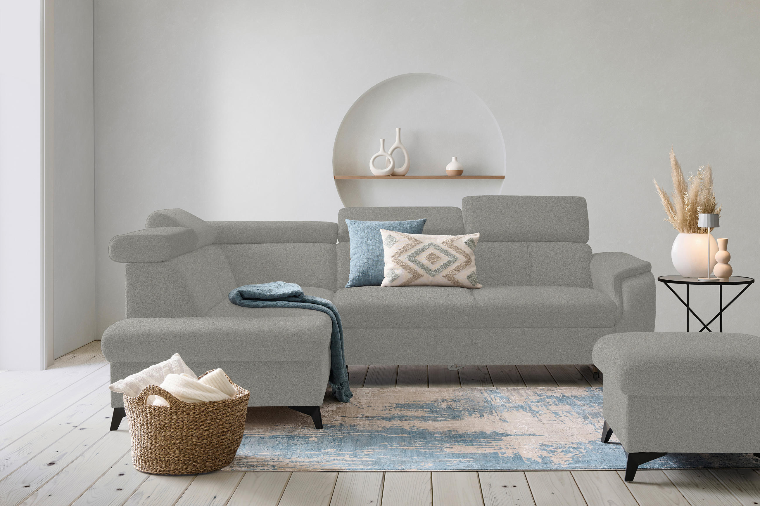 ECKSOFA in Mikrofaser Hellgrau  - Hellgrau/Schwarz, Design, Textil/Metall (203/260cm) - Stylife