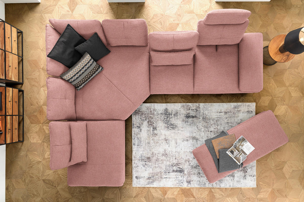 ECKSOFA in Flachgewebe Altrosa  271/344 cm  - Schwarz/Altrosa, Design, Textil/Metall (271/344cm) - Chilliano