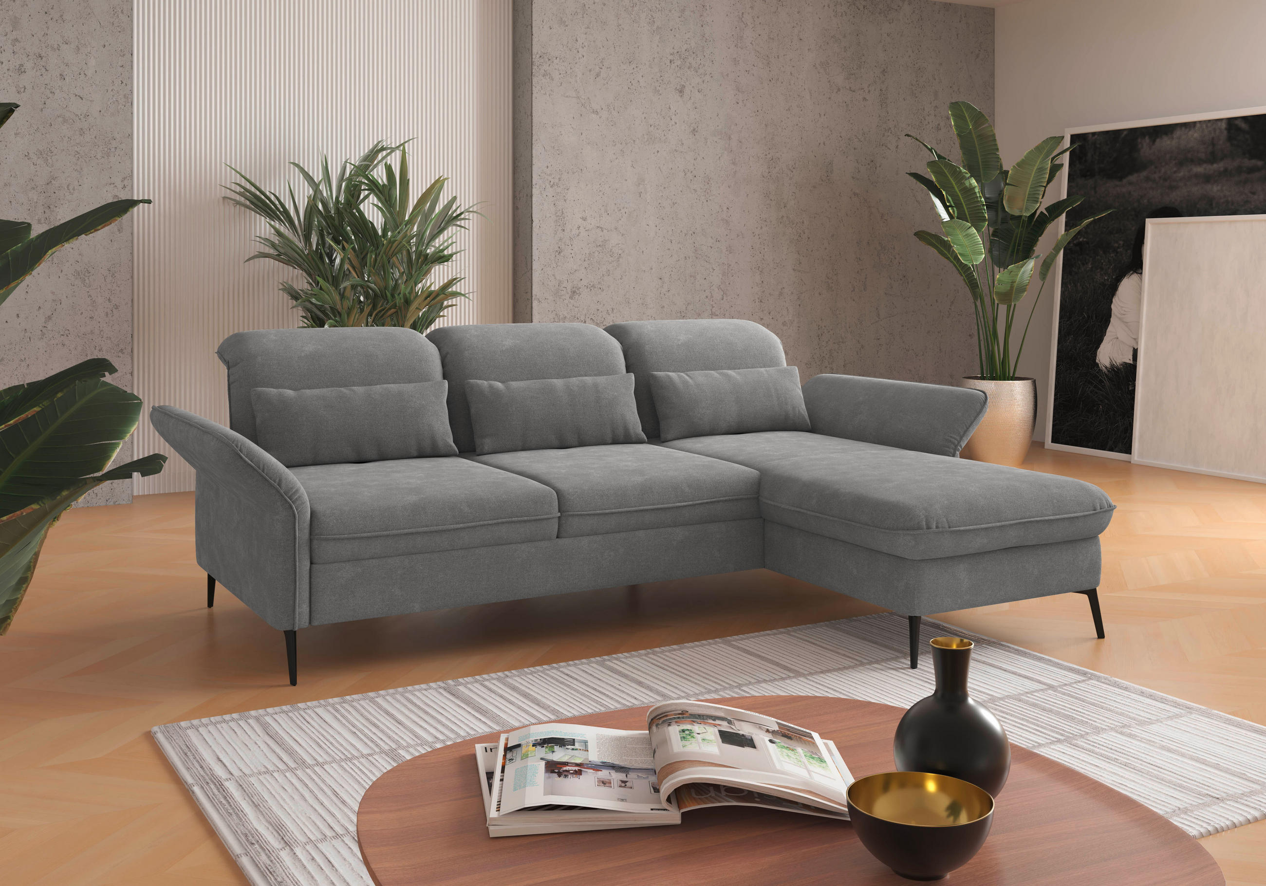 ECKSOFA in Flachgewebe Grau  264/198 cm  - Schwarz/Grau, KONVENTIONELL, Textil/Metall (264/198cm) - Sit & More