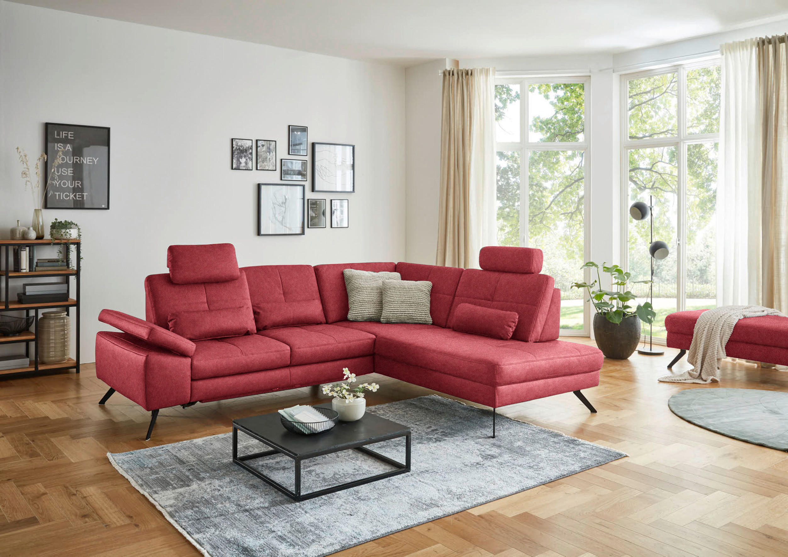 ECKSOFA in Lederlook, Mikrofaser Rot  - Rot/Schwarz, Design, Textil/Metall (261/220cm) - Beldomo System