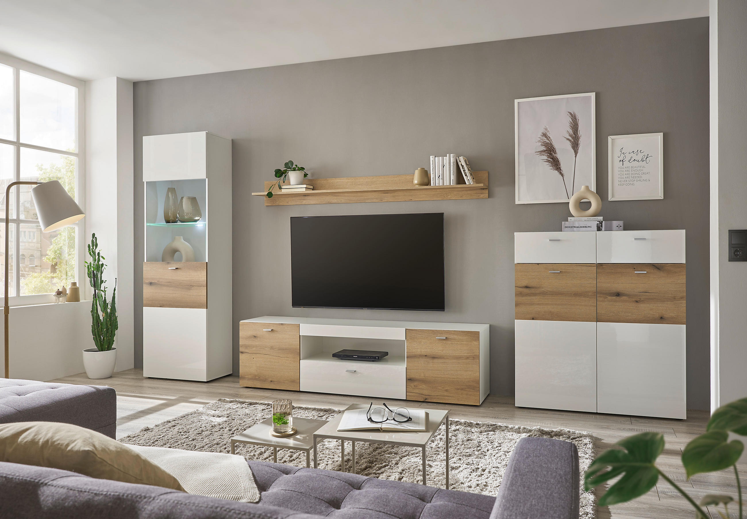REGAL ZA DNEVNI BORAVAK bijela, boje hrasta, bijela visoki sjaj   - bijela/srebrne boje, Design, staklo/drvni materijal (310/195/40cm) - Carryhome