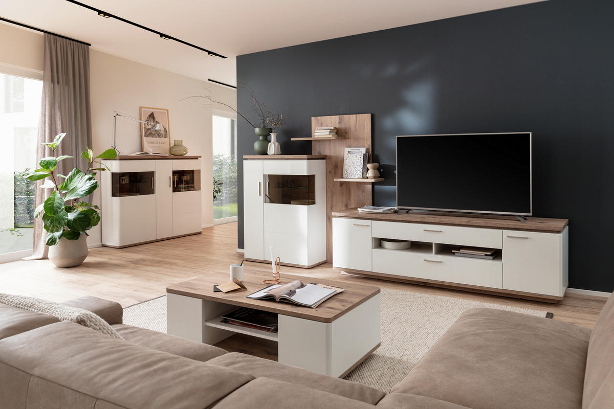 WOHNWAND 3-teilig  in Weiss, Eichefarben 305/168/50 cm  - Weiss/Eichefarben, Design, Glas/Holzwerkstoff (305/168/50cm) - Livetastic