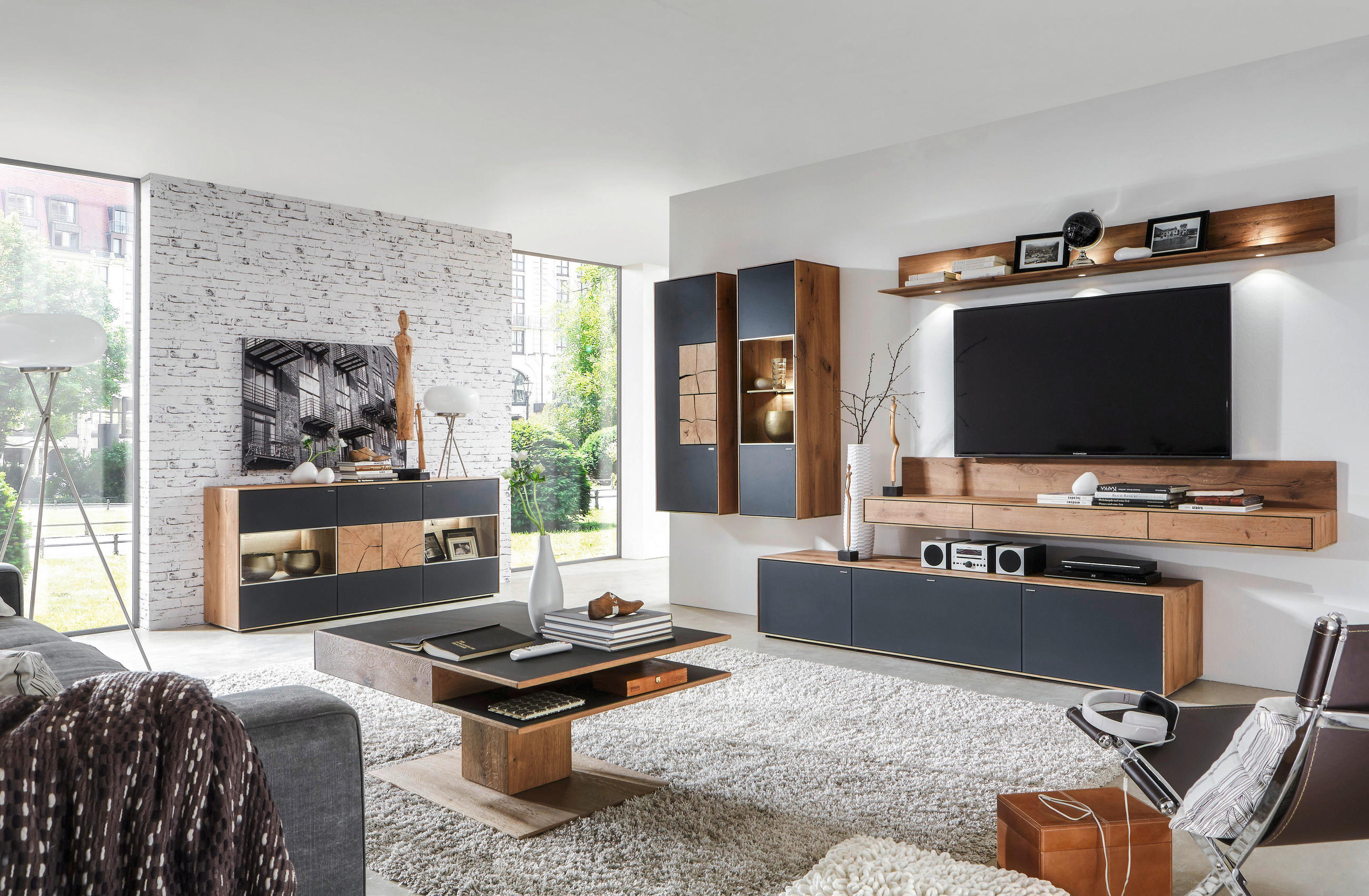 COUCHTISCH in Holz, Glas 105/75/46 cm  - Eichefarben/Anthrazit, Design, Glas/Holz (105/75/46cm) - Valnatura