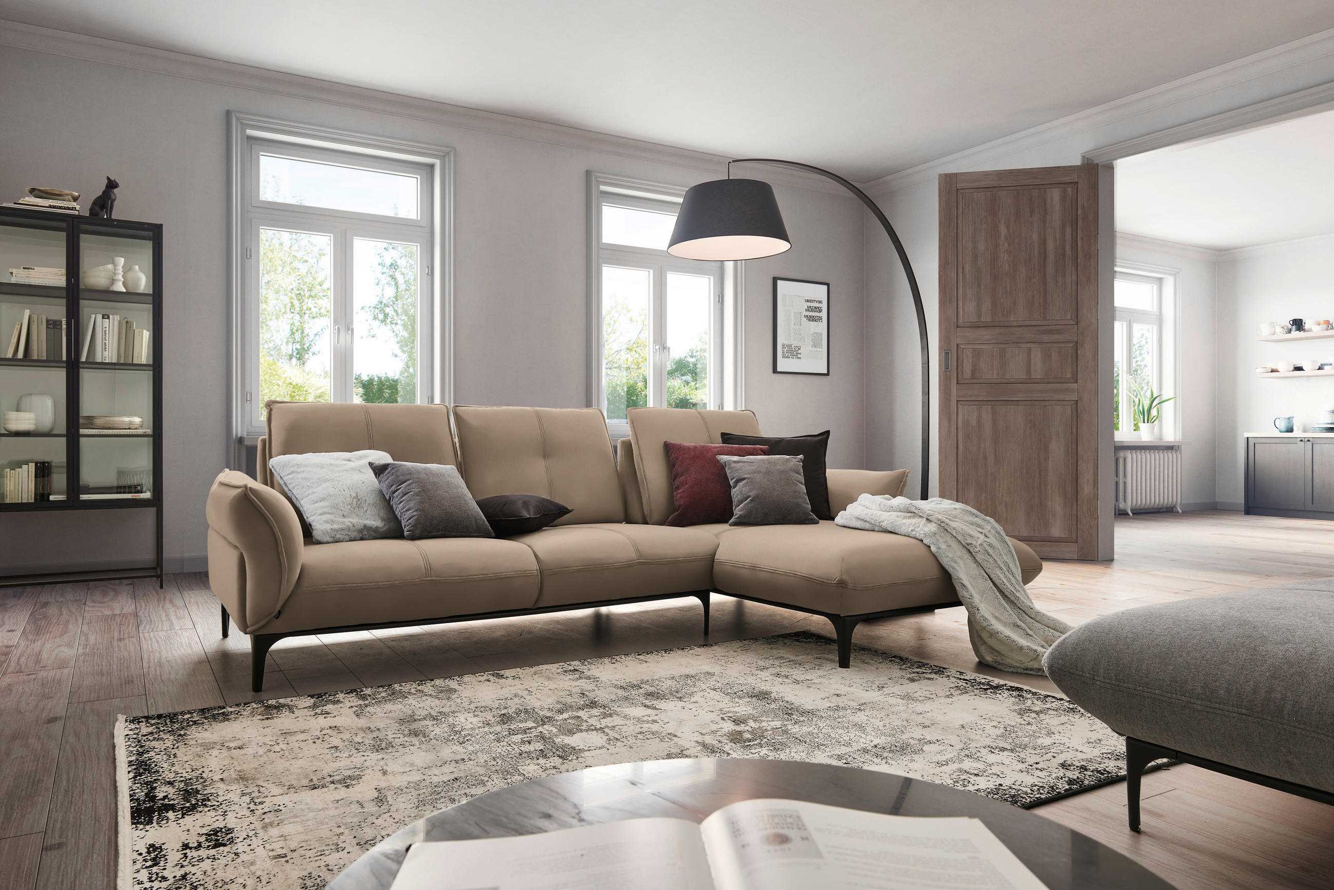 ECKSOFA in Echtleder Hellbraun  - Hellbraun/Schwarz, Natur, Leder (277/182cm) - Valnatura