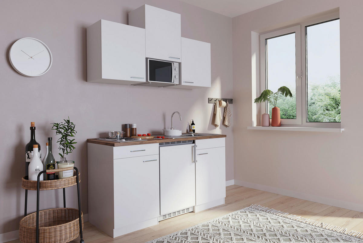 MINIKÜCHE 150 cm   in Weiss  - Weiss/Edelstahlfarben, Basics, Holzwerkstoff/Kunststoff (150cm) - Respekta