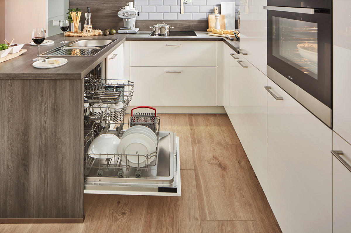 KÜCHENLEERBLOCK   in Eichefarben, Weiß Hochglanz  - Edelstahlfarben/Eichefarben, MODERN, Holzwerkstoff/Metall (305/255/185cm) - Welnova