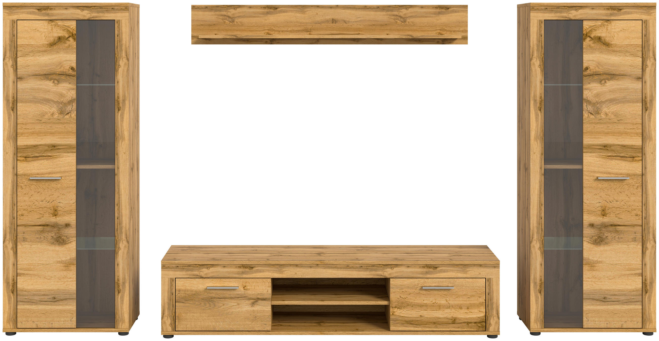 WOHNWAND 4-teilig  in Eiche Wotan  310/159/35 cm  - Eiche Wotan/Silberfarben, Design, Glas/Holzwerkstoff (310/159/35cm) - MID.YOU