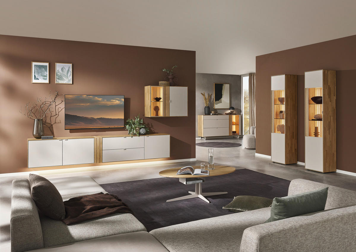 WOHNWAND  in Kaschmir, Wildeiche  333,4/179,3/37,1 cm    - Kaschmir/Wildeiche, Design, Glas/Holz (333,4/179,3/37,1cm) - Dieter Knoll
