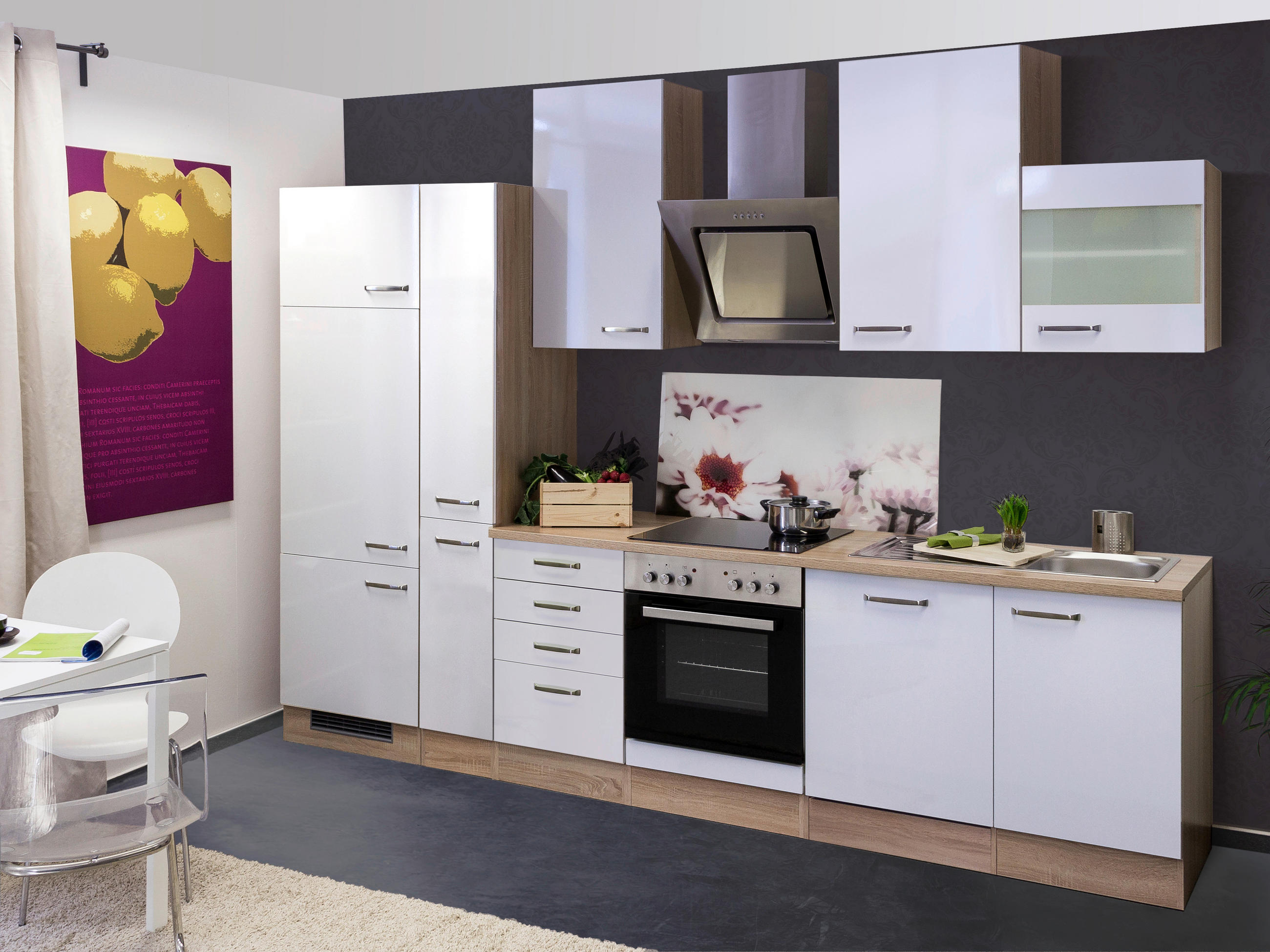 KUCHYNSKÁ LINKA VALERO 310 - biela s vysokým leskom/farba ušľachtilej ocele, Modern, kov/kompozitné drevo (310cm) - FlexWell