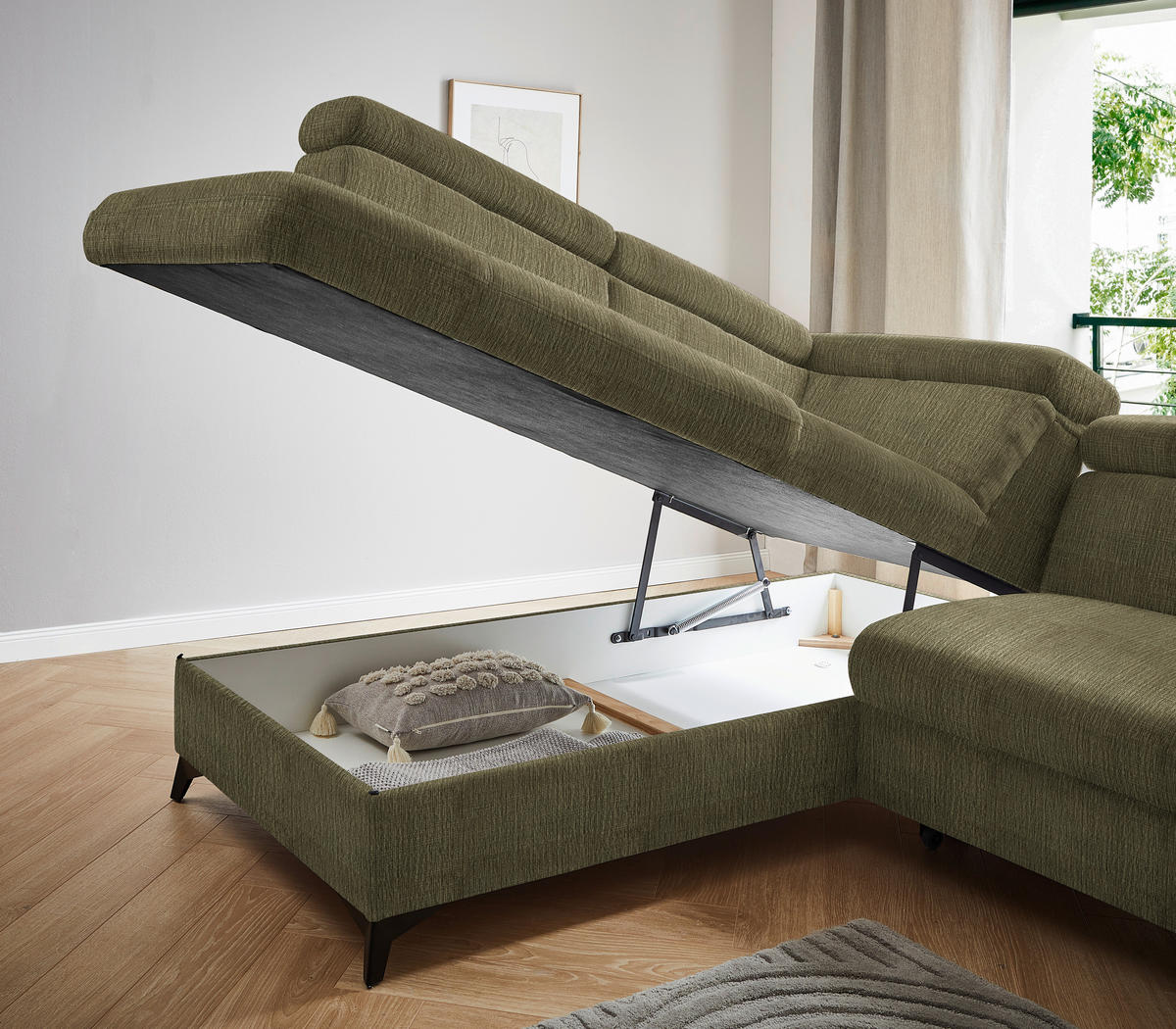 ECKSOFA in Flachgewebe Grün  - Schwarz/Grün, Design, Textil/Metall (203/260cm) - Stylife
