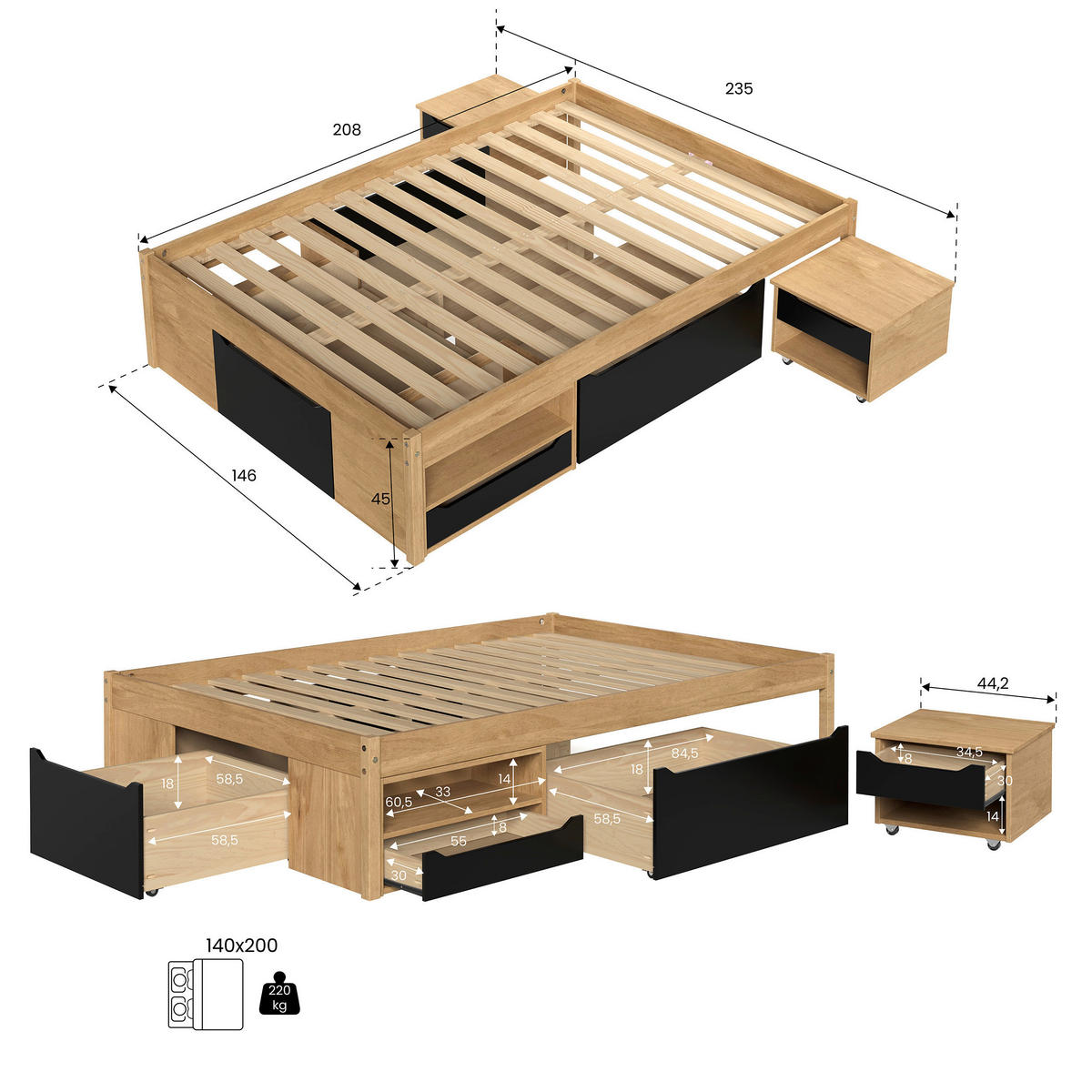 STAURAUMBETT 90/200 cm  Naturfarben, Schwarz   - Schwarz/Naturfarben, Modern, Holz/Holzwerkstoff (90/200cm) - P & B