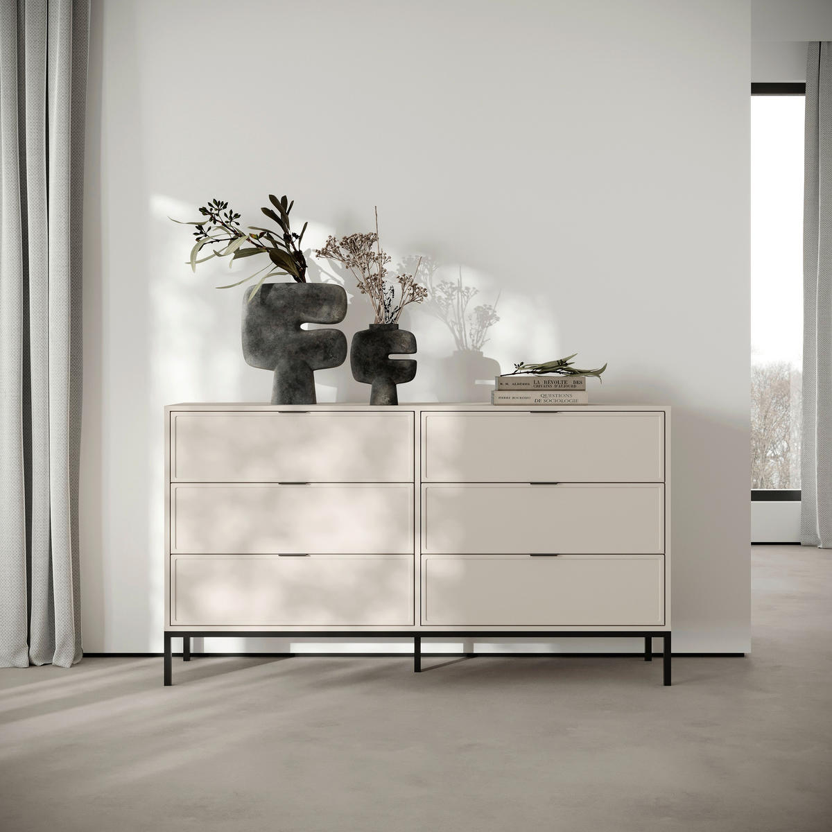 KOMMODE , 150/92/40 cm, 6 Schublade(n)  - Kaschmir/Schwarz, Design, Holzwerkstoff/Metall (150/92/40cm) - MID.YOU