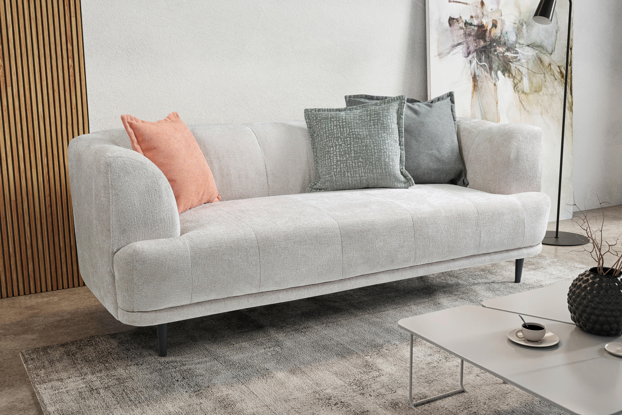 3-SITZER-SOFA Flachgewebe Creme  - Creme/Schwarz, Design, Textil/Metall (226/77/106cm) - MID.YOU