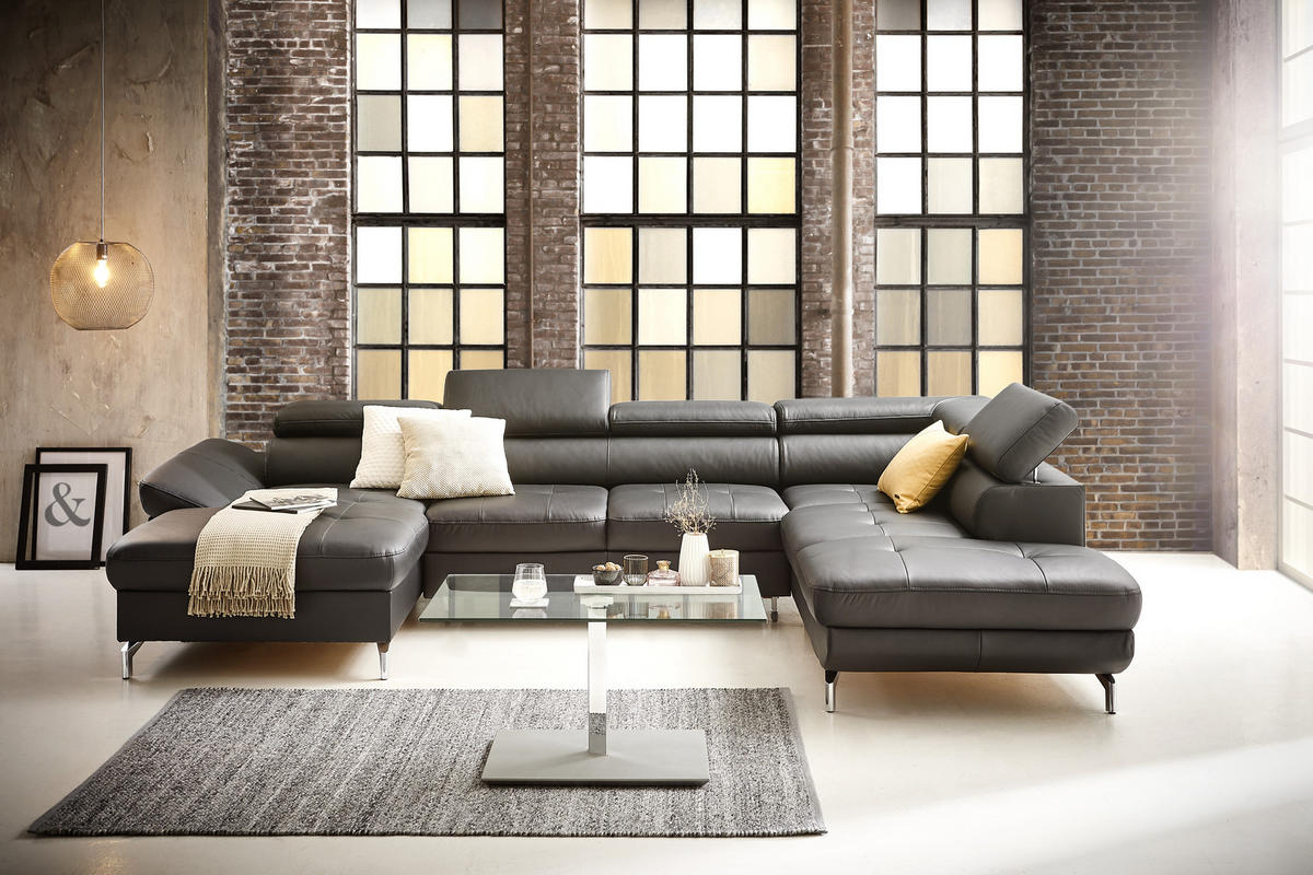 WOHNLANDSCHAFT Creme Echtleder  - Silberfarben/Creme, Design, Leder/Metall (170/340/220cm) - Novel