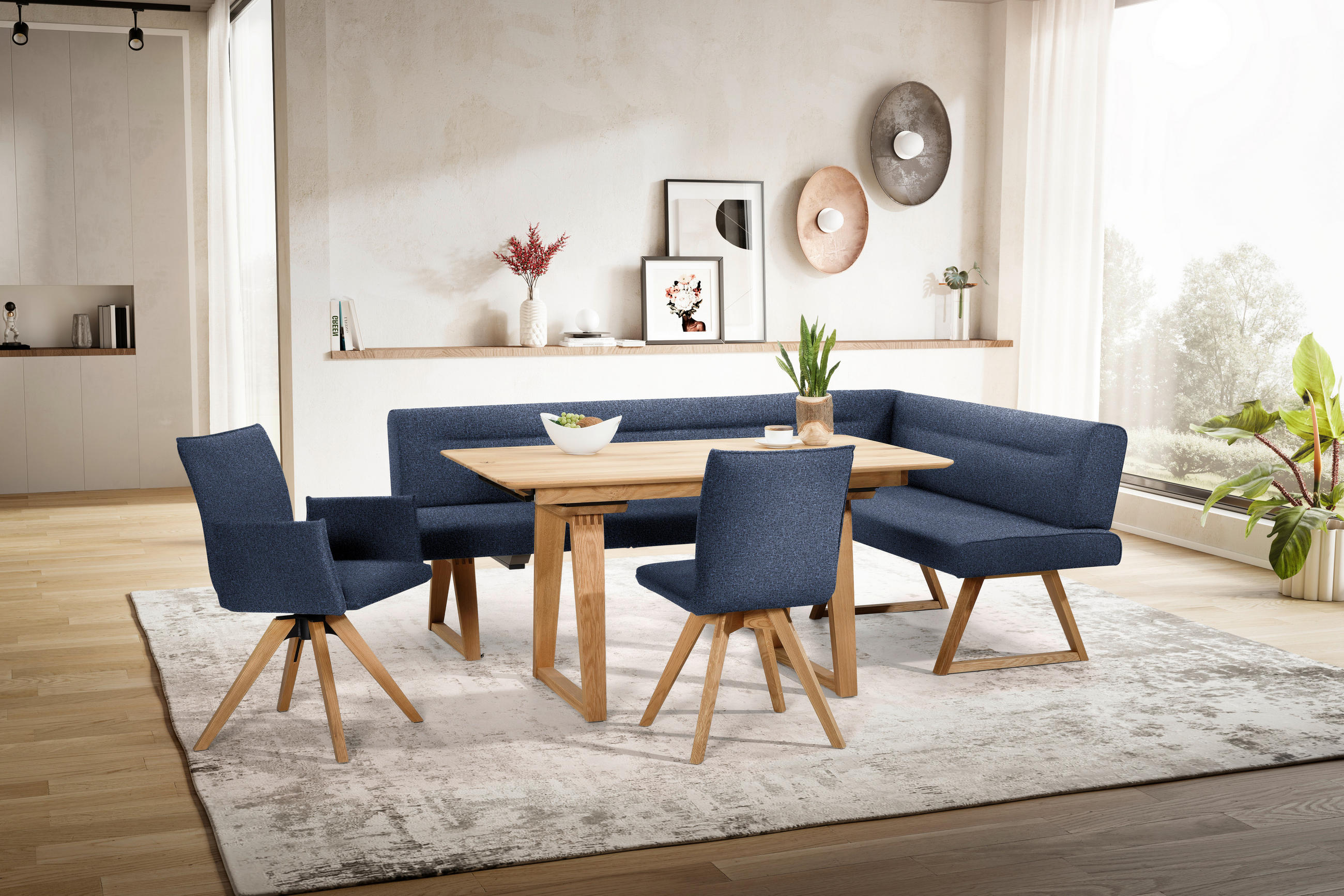 ECKBANK in Holz, Textil Eichefarben, Dunkelblau  - Eichefarben/Dunkelblau, Konventionell, Holz/Textil (230/170cm) - Moderano