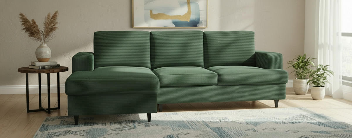 ECKSOFA  in Cord, Velours Grün  140/247 cm  - Schwarz/Grün, Design, Holz/Textil (140/247cm) - MID.YOU