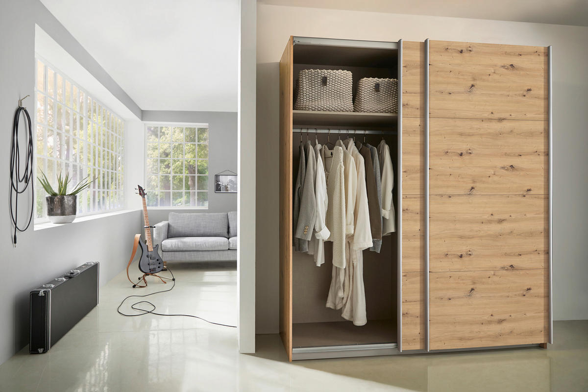SCHWEBETÜRENSCHRANK in Eiche Artisan  - Alufarben/Eiche Artisan, Modern, Holzwerkstoff/Metall (181/197/61cm) - Rauch Möbel