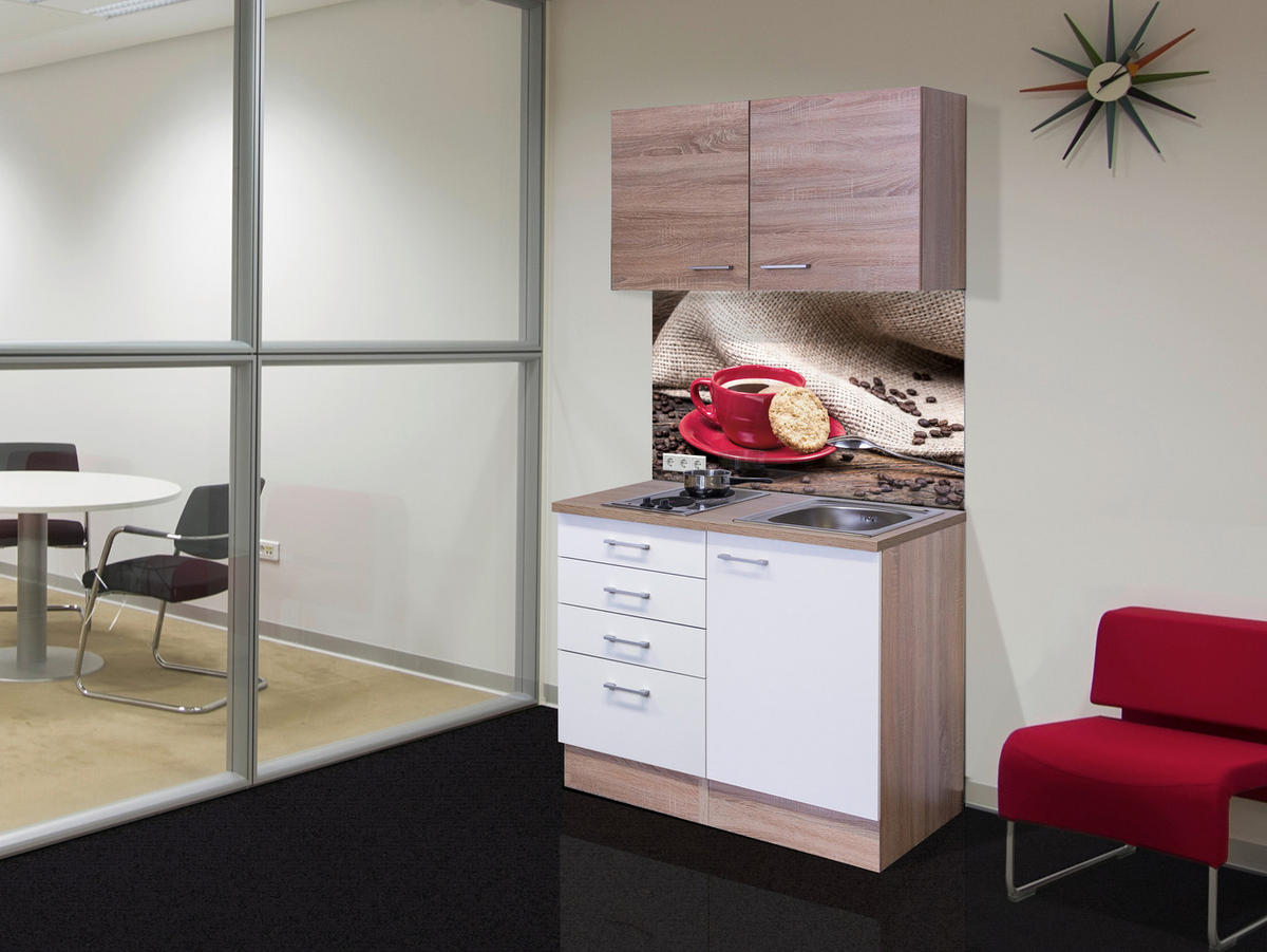 MINIKÜCHE 100 cm   in Weiß, Sonoma Eiche  - Alufarben/Weiß, MODERN, Holzwerkstoff/Kunststoff (100cm) - FlexWell