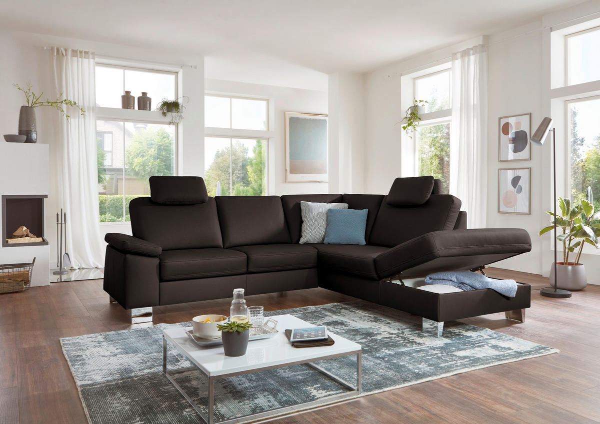 ECKSOFA  in Echtleder Mokka  248/235 cm  - Beige/Alufarben, Design, Leder/Metall (248/235cm) - Beldomo Premium