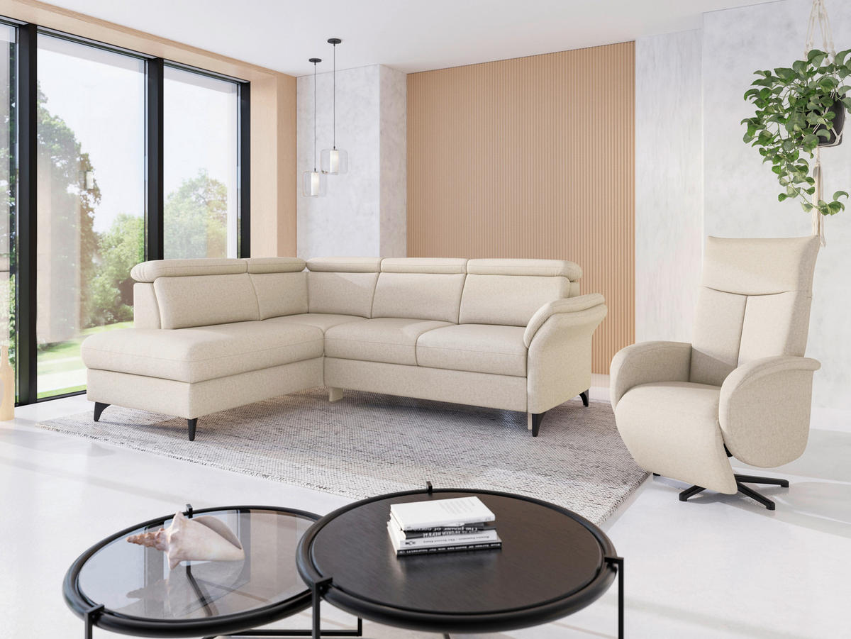 ECKSOFA GLENDALE E in Flachgewebe Creme  193/247 cm  - Creme/Schwarz, KONVENTIONELL, Textil/Metall (193/247cm) - Sit & More