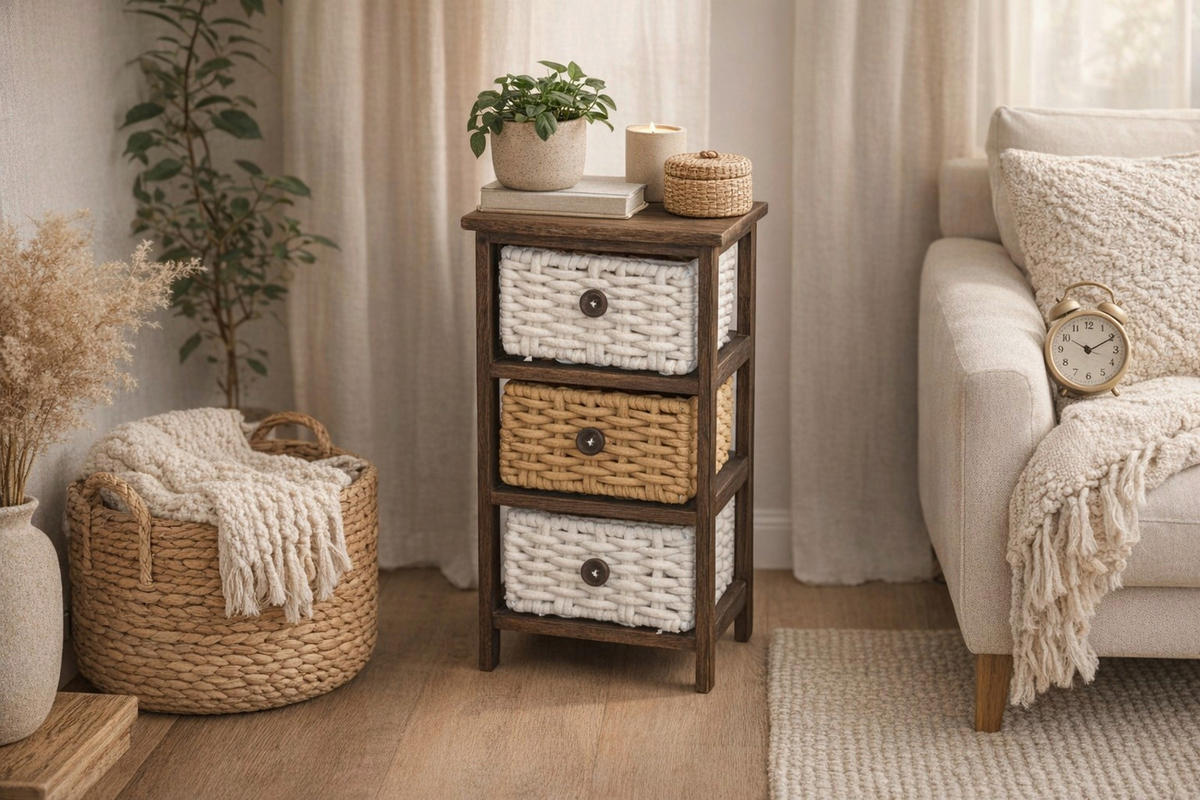 KOMMODE , , 3 Schublade(n)  - Dunkelbraun/Creme, Design, Holz/Textil (25/30/58cm) - MID.YOU