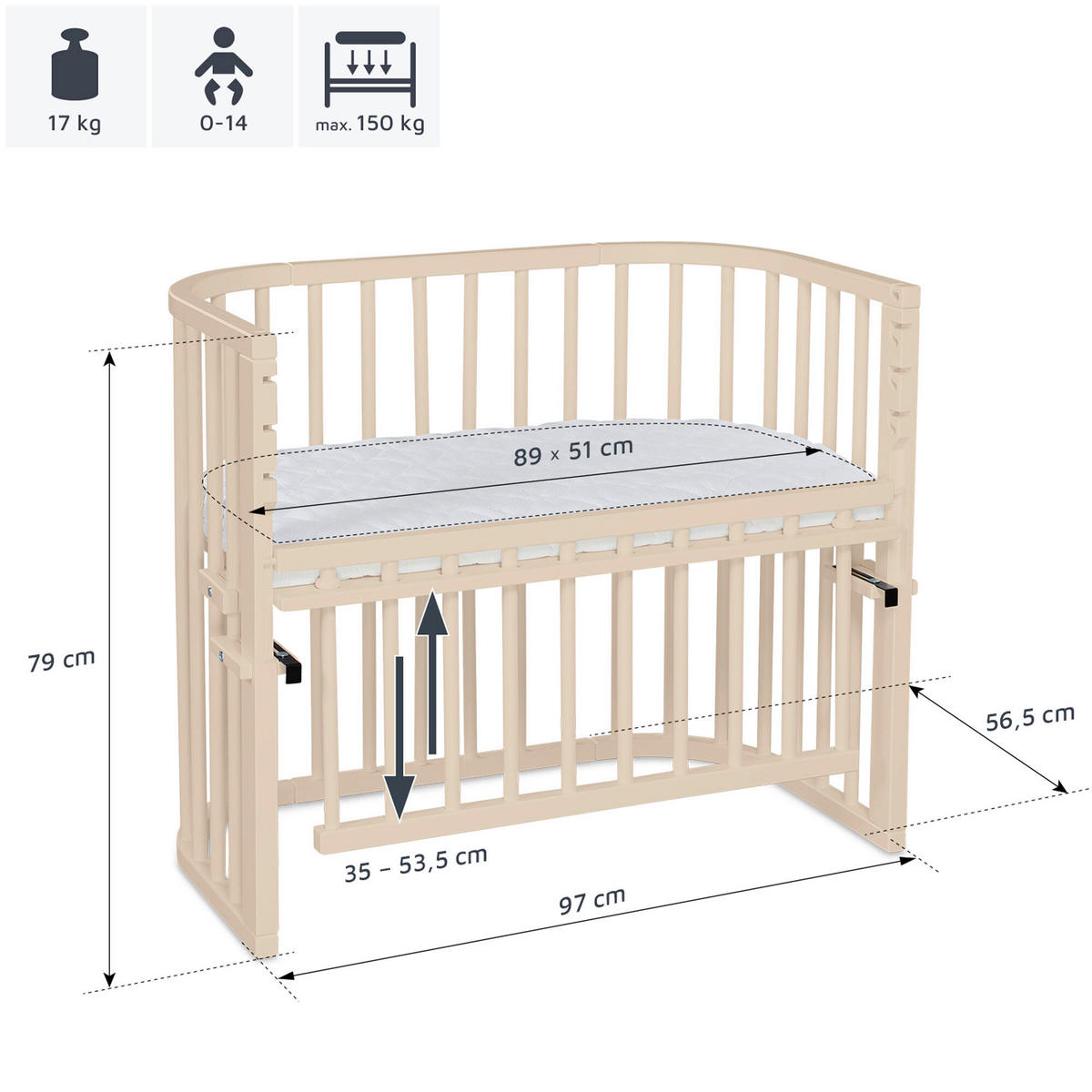 BEISTELLBETT  96/56,50/79 cm  - Beige, Basics, Holz (96/56,50/79cm) - Babybay