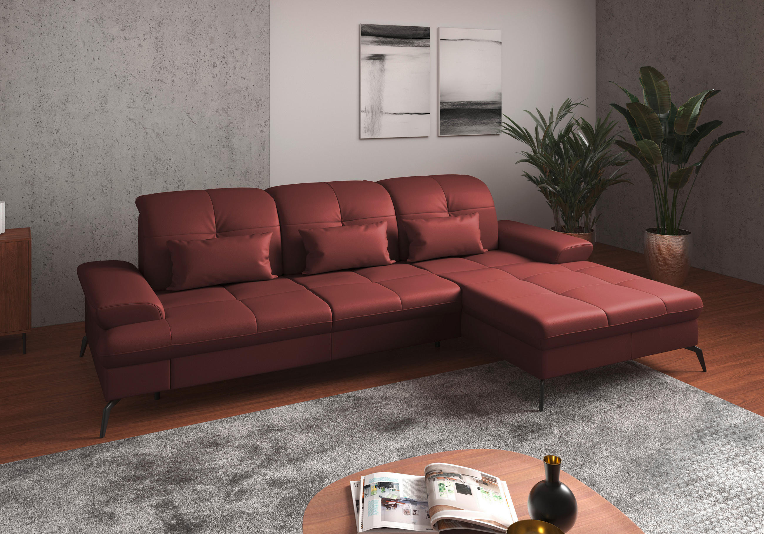 ECKSOFA in Vliesstoff Kombination Echtleder/Stoff Rotbraun  - Rotbraun/Schwarz, Konventionell, Leder/Textil (279/185cm) - Sit & More