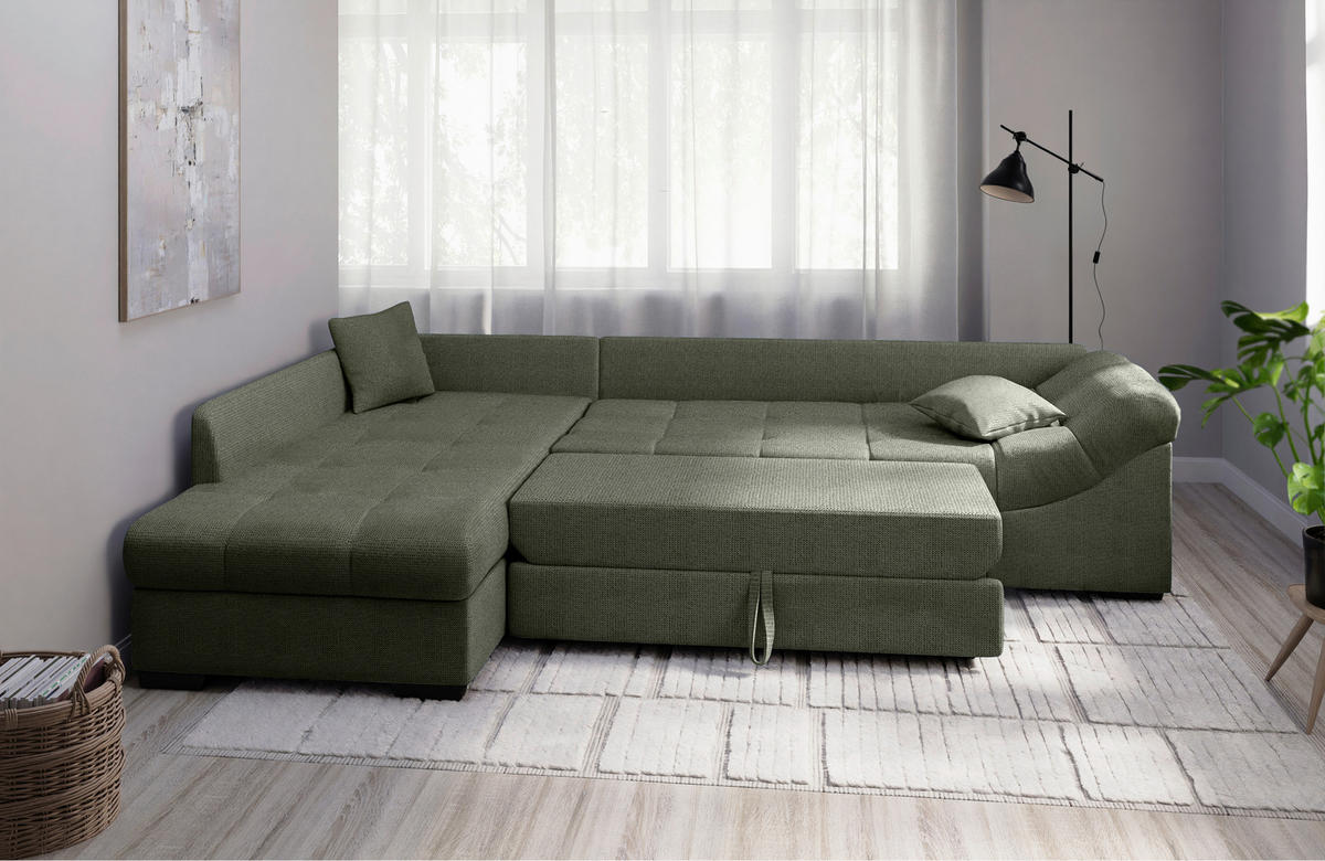 ECKSCHLAFSOFA Dunkelgrün Chenille  - Dunkelgrün/Schwarz, MODERN, Holz/Textil (202/298cm) - MID.YOU