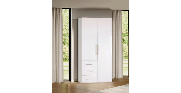 KLEIDERSCHRANK 98/219/59 cm 2-türig Weiß, Weiß Hochglanz - Weiß Hochglanz/Alufarben, KONVENTIONELL, Holzwerkstoff/Metall (98/219/59cm) - Carryhome