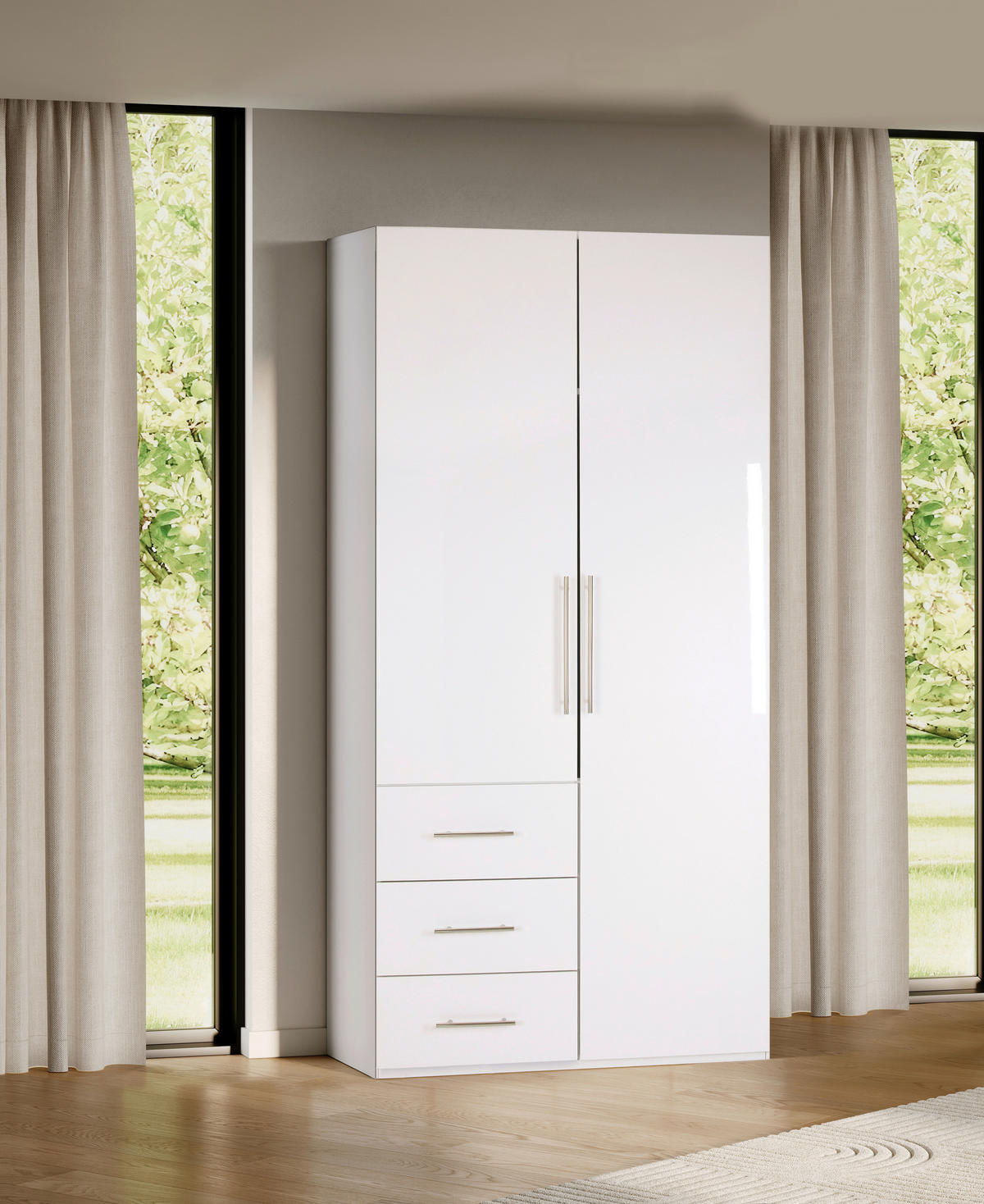 KLEIDERSCHRANK  in Weiß, Weiß Hochglanz  - Weiß Hochglanz/Alufarben, KONVENTIONELL, Holzwerkstoff/Metall (98/219/59cm) - Carryhome