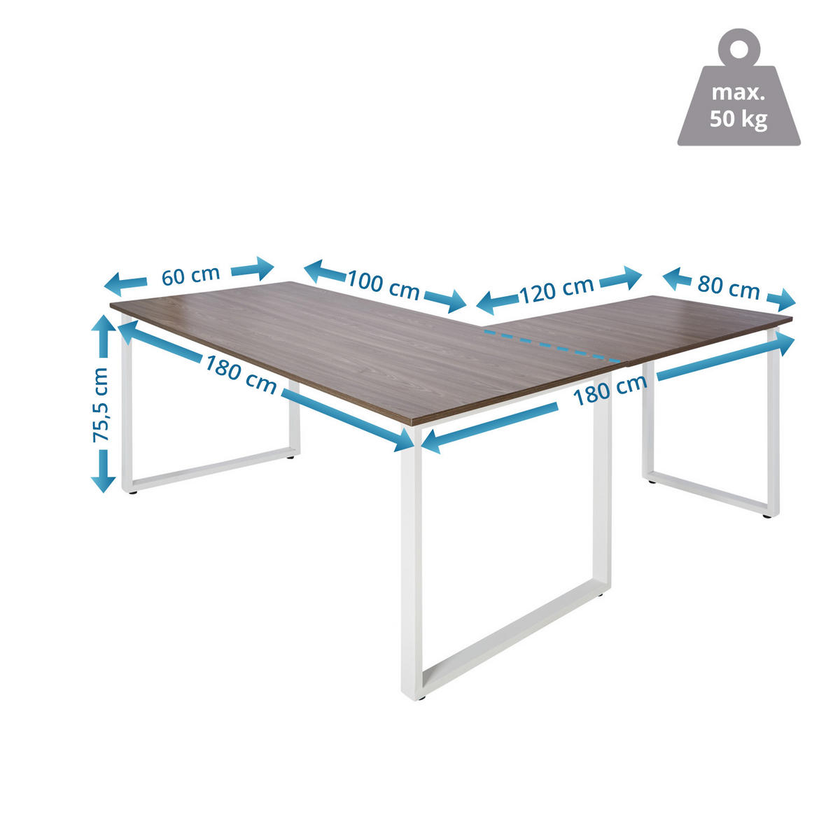 ECKSCHREIBTISCH 180/180/75,5 cm  in Grau, Weiß  - Weiß/Grau, Basics, Holzwerkstoff/Metall (180/180/75,5cm) - MID.YOU