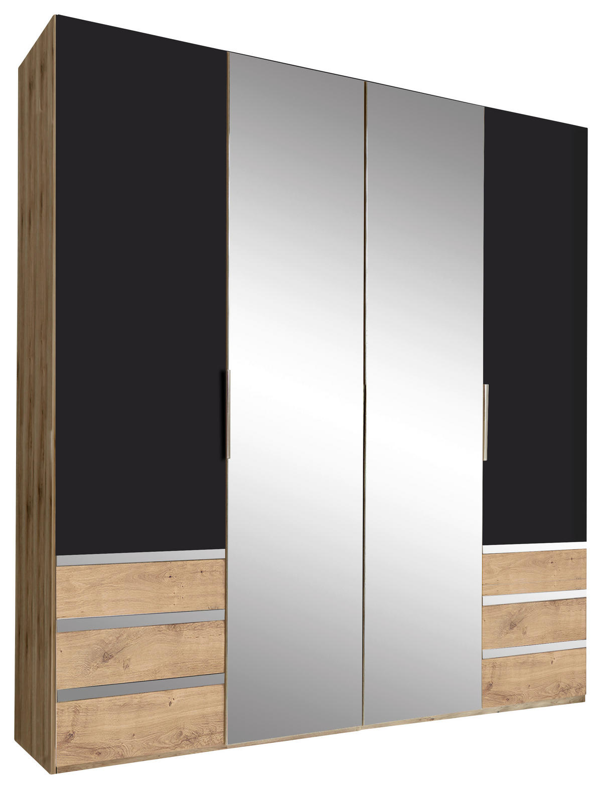 DREHTÜRENSCHRANK 200/216/58 cm,  in Graphitfarben, Silberfarben, Eichefarben, 4-türig  - Chromfarben/Plankeneiche, MODERN, Glas/Holzwerkstoff (200/216/58cm) - MID.YOU