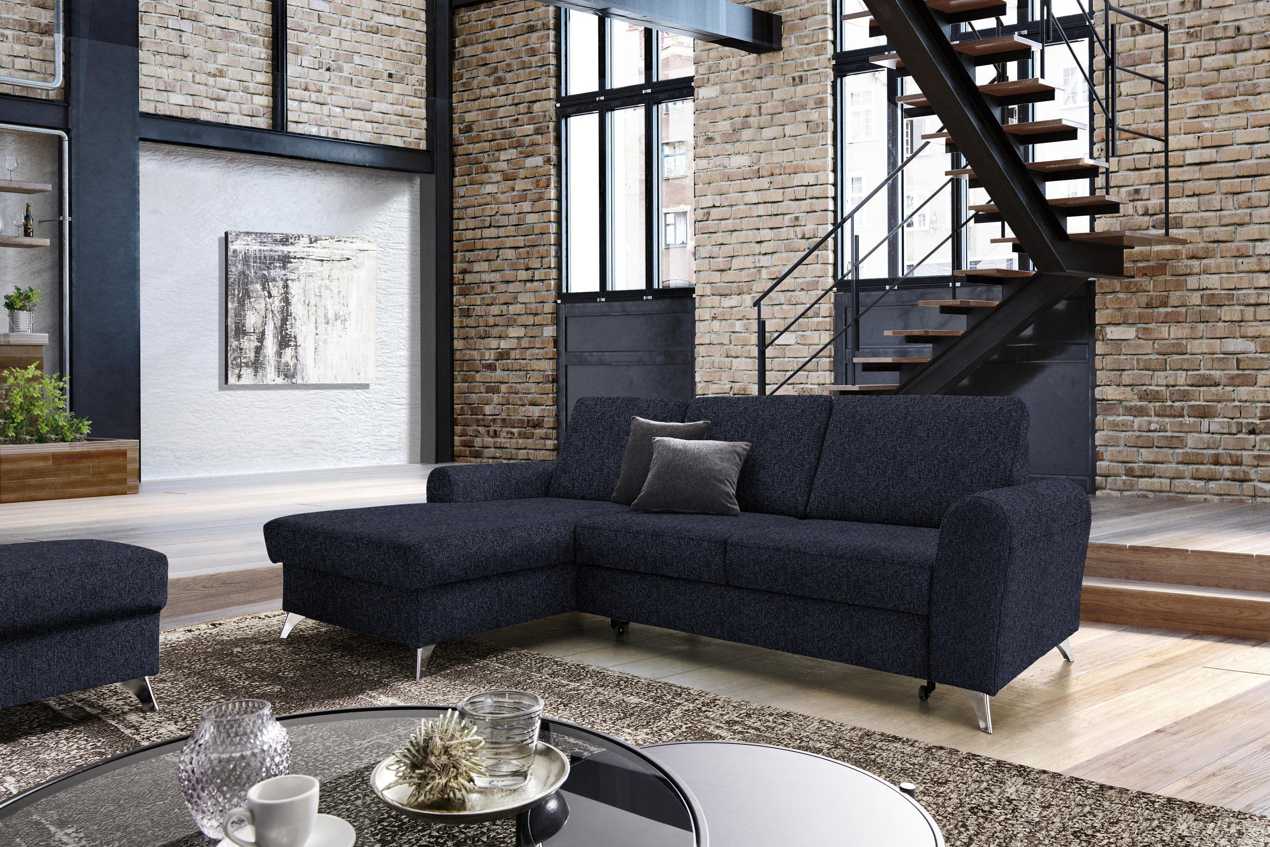 ECKSOFA in Flachgewebe Dunkelblau  - Silberfarben/Dunkelblau, Design, Textil/Metall (167/244cm) - Cantus