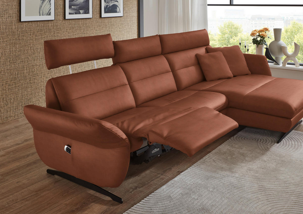 ECKSOFA in Echtleder Cognac  - Cognac/Schwarz, Design, Leder/Metall (300/157cm) - Dieter Knoll